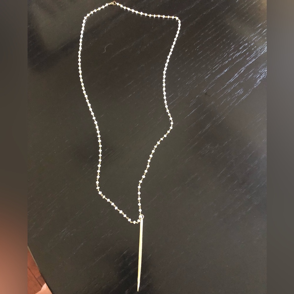 Gold & Gray Jewelry. Long wire and moonstone beaded necklace with gold stake.